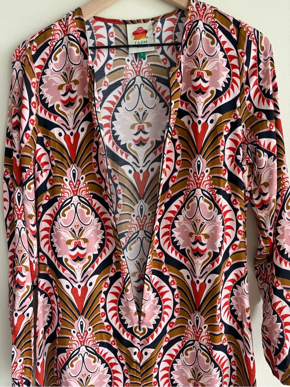 FARM Rio Pineapple Jewelry Midi Dress Size S Long Sleeve Printed Viscose - Picture 5 of 15
